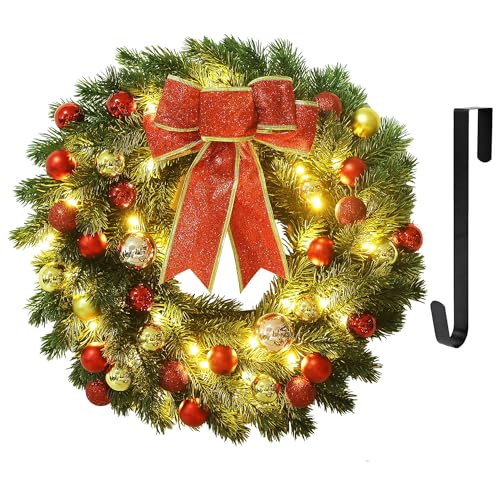 16-Inch Pre-Lit Christmas Wreath with Metal Hanger and LED Lights