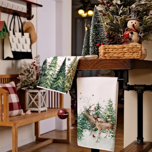 Arkeny Christmas Kitchen Towels Set of 2 - Green Tree Reindeer, Green & Gold