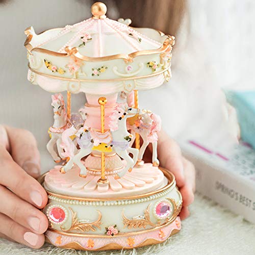 Rotating Carousel Music Box with LED Lights, Pink Resin Tabletop Decor