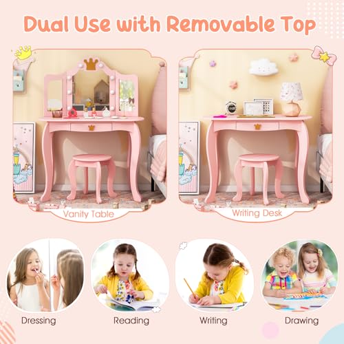 Kids Vanity Set with Mirror and Stool, Lighted Makeup Table for Girls
