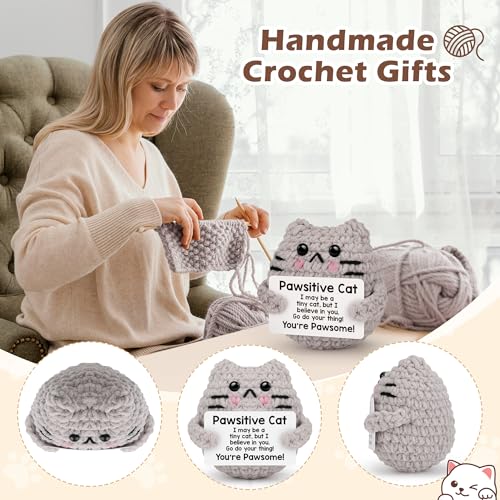 Mini Crochet Cat Affirmation Gift with Motivational Card for Desk Decor