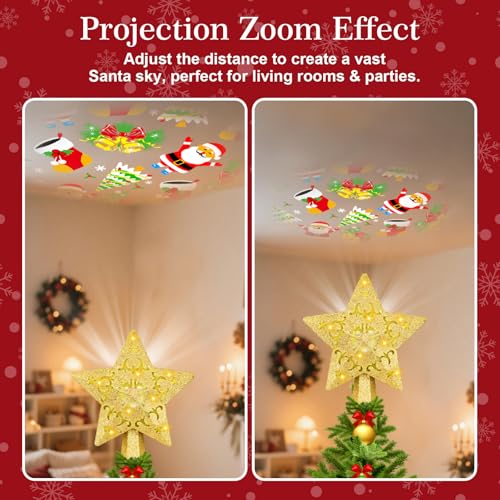 Sparkling Gold Star Christmas Tree Topper with LED Rotating Projector