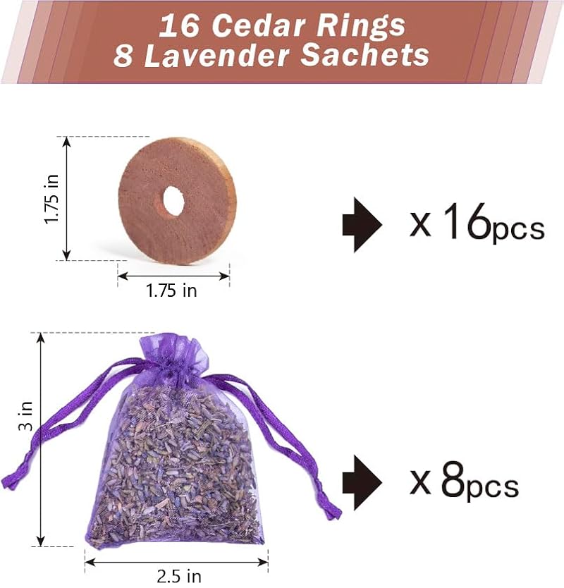 Natural Cedar Wood Rings and Dried Lavender Sachets Set - 24 Piece