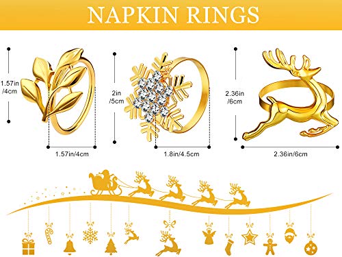 Patelai 12 Pcs Gold Christmas Napkin Rings Elk Leaf Snowflake Set