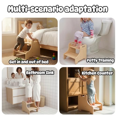 2-Step Toddler Stool with Handles - Wooden Kitchen Helper & Potty Stool