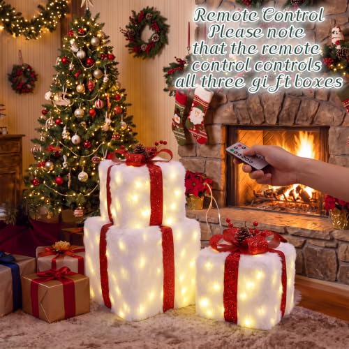 Christmas Lighted Gift Boxes Set - 3 Sizes Faux Snow Decor with LEDs & Bows