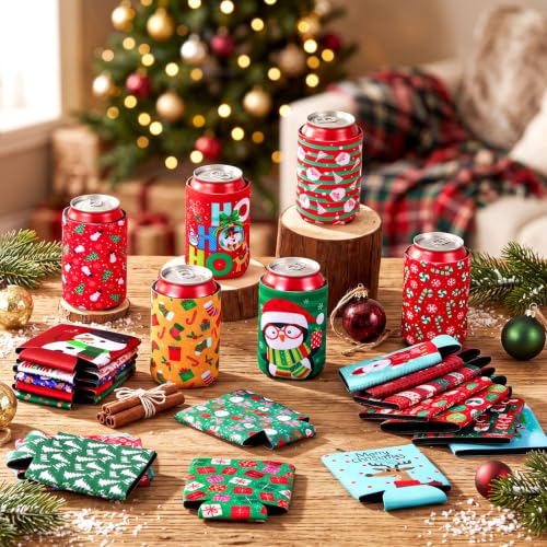 SiliFine Christmas Can Cooler Sleeves - Holiday Drink Insulators, 24 Pack