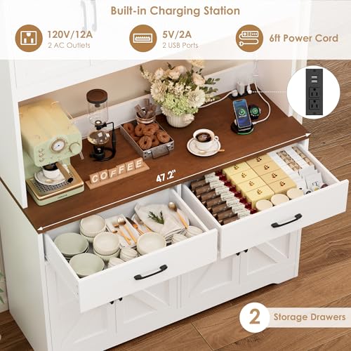 71" Tall Farmhouse Pantry Cabinet with Charging Station & LED Lights