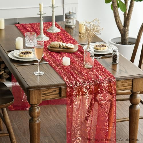 28x120 Inch Red Gold Gauze Table Runner 10Pcs Glitter Metallic Sheer Decor