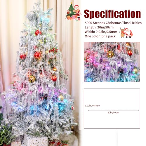 Silver Christmas Tree Tinsel Icicles - 5000 Strands 19.7 Inch Mylar Foil