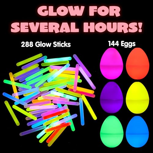 JOYIN 144 Pcs Easter Eggs with 288 Pcs Mini Glow Sticks for Kids Glow-in-The-Dark Basket Stuffers Fillers Gift, Easter Eggs Hunt Game Party Favors Classroom Decorations Supplies
