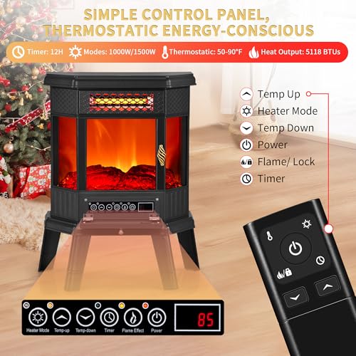 22-Inch Electric Fireplace Heater Freestanding Stove with 3D Flame and Remote