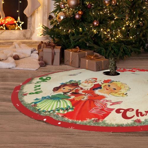 48-Inch Vintage Red Christmas Tree Skirt - Santa & Snowflake Mat