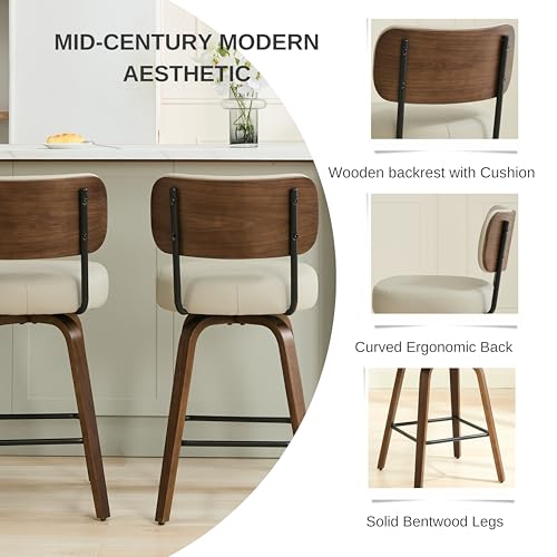 Set of 3 Swivel Counter Height Bar Stools, 26-Inch Mid-Century Modern Chairs
