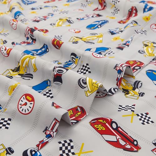 Twin Size Bed Sheet Set - 3-Piece Kids Racing Car Print with Deep Pockets
