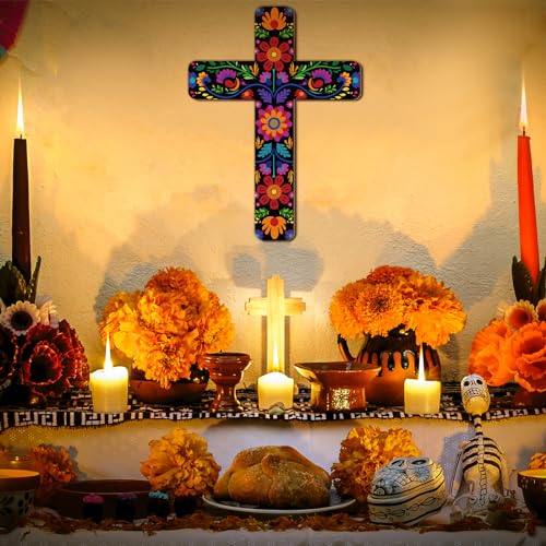 Floral Wooden Wall Cross, Hand Painted Mexican Style Decorative Crucifix