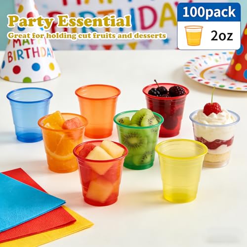 Neon 2 oz Plastic Shot Glasses 100 Pack - Colorful Disposable Party Cups