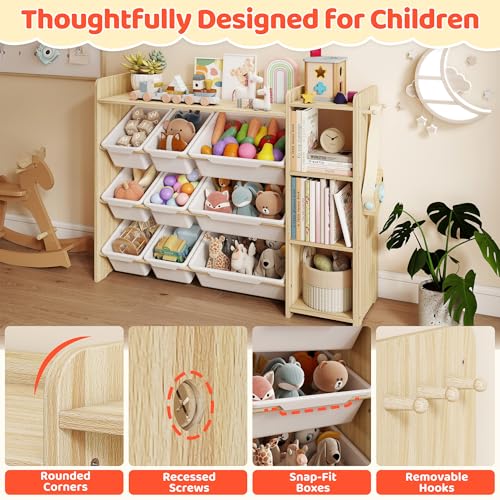 Kids Toy Storage Organizer with Bookshelf, 9 Bins and Hooks, White