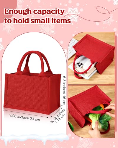 Cunno 12 Pcs Burlap Tote Bags with Handles, Small Reusable Jute Gift Bags, 9.06 x 5.12 x 6.3 cm, Red Style
