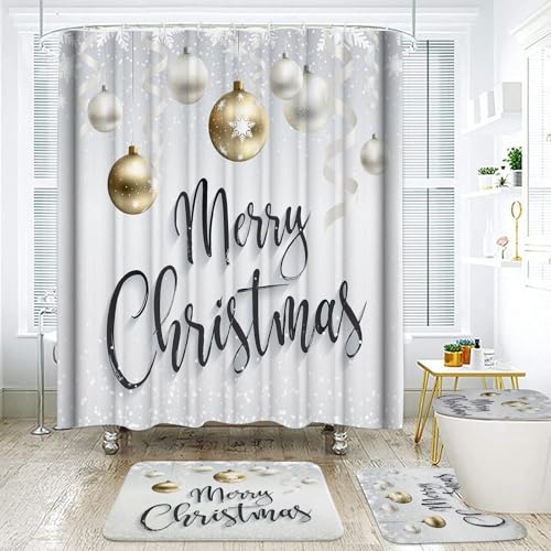 Onalasyc Christmas Bathroom Set with Gold Shower Curtain and Rugs - Festive Home Decor