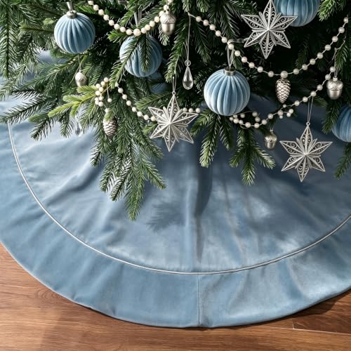 Blue and Silver Christmas Tree Skirt 48 Inch Luxury Velvet for Winter Holiday Decor