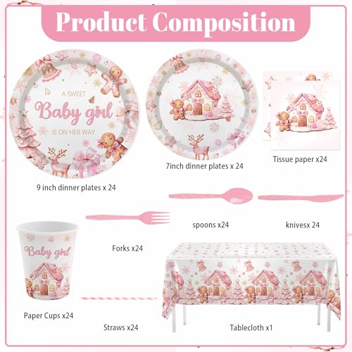 Pink Gingerbread Baby Shower Disposable Tableware Set for 24 Guests