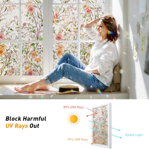 Floral Decorative Window Privacy Film - 3D Static Cling, UV Protection