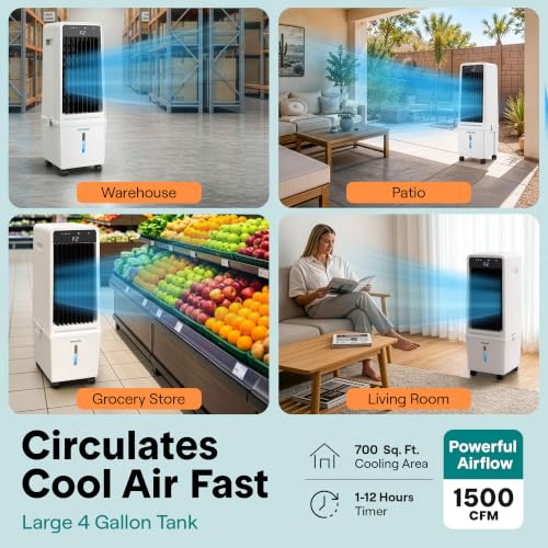 Evaporative Air Cooler 15L Water Tank 1500 CFM Portable Fan with Wheels