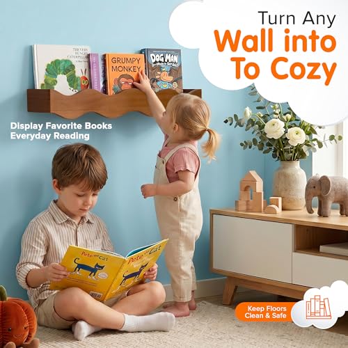Floating Nursery Book Shelves - Solid Pine Wall Bookshelf for Kids Room (Set of 2)