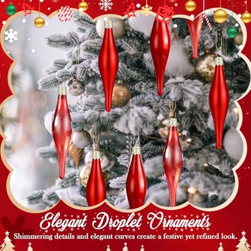 Seenelling 12 Pcs Red Glass Teardrop Christmas Ornaments - 3 Styles