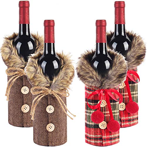 Festanlee Tanlee 4 Pieces Christmas Wine Bottle Covers with Faux Fur Collar & Button Coat - 9.5"