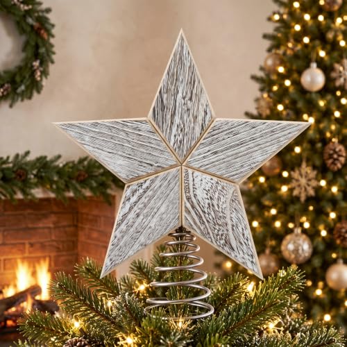 Farmhouse Christmas Star Tree Topper Wooden Decor 10 Inches - Gejoy