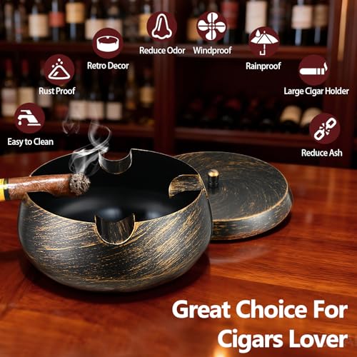 Extra Large Cigar Ashtray with Lid - Windproof Retro Patio Decor