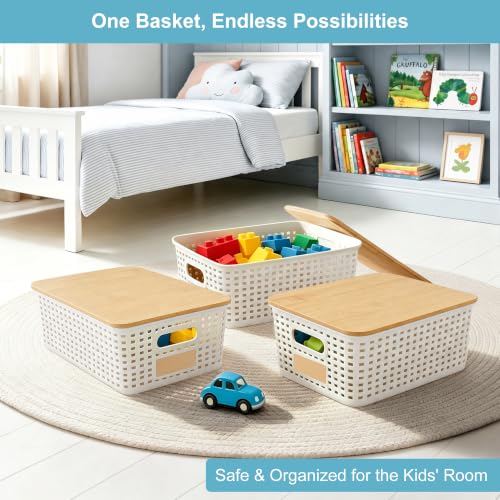 Small Plastic Storage Bins with Bamboo Lids Stackable 6-Pack Cream White