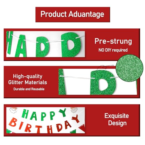 Christmas Birthday Banner, 2 Red/Green Banners with Triangle Pennant Garland