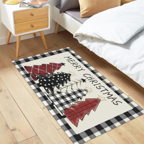 Christmas Area Rug 2x3 Ft Xmas Tree Buffalo Plaid Entryway Rug - Black