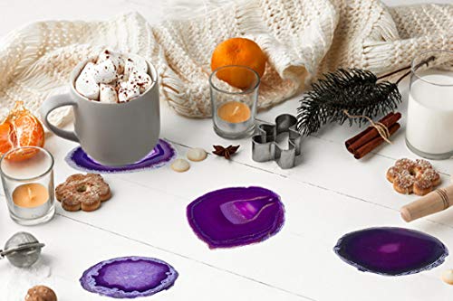 JIC Gem 3.5-4 inch Dyed Purple Agate Coasters Set of 4 Natural Sliced Geode Home Decor
