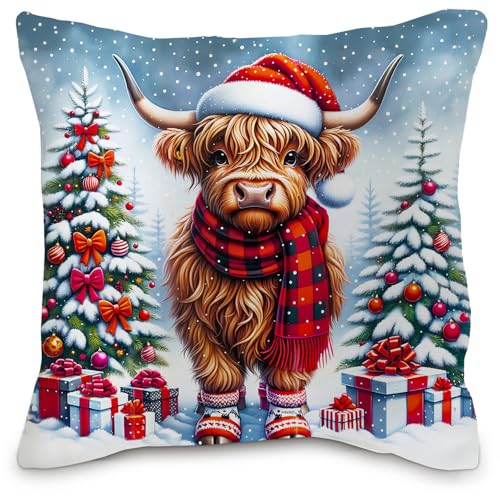 Nvotell Christmas Cow 18x18 Pillow Cover – Pack of 1, Flannel Farmhouse Western Decor