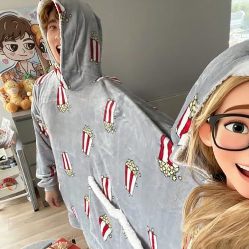 Gaorui Gray Two-Person Hooded Flannel Pajama Blanket Set