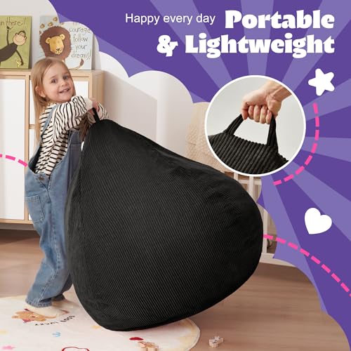 2ft Memory Foam Bean Bag Chair - Comfortable Corduroy Floor Lounger, Black