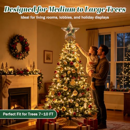 FLAVCHARM Rustic Brown Jute-Wrapped Christmas Tree Topper Star with Red Berries & Pine Cones, 20 LED Warm Lights, Battery Operated, 6H Timer