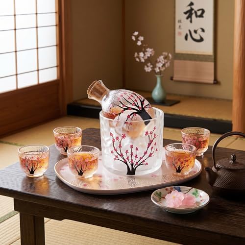 Irenare Japanese Sake Set with Cherry Blossom Design - 4 Cups, Bottle & Tank Gift
