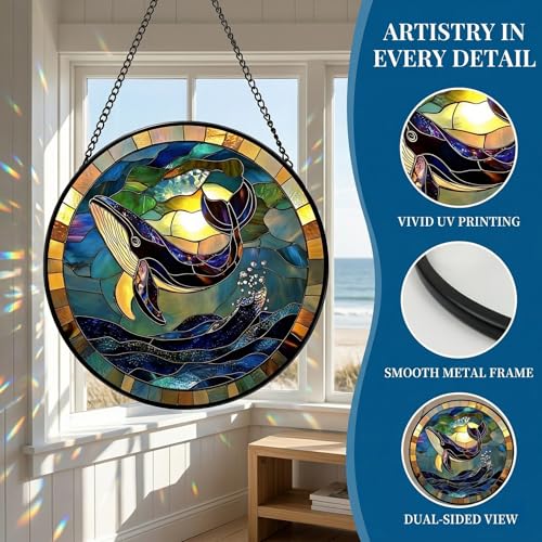 SJUYODOO Blue and Purple Stained Glass Window Hanging, Whale & Sea Waves Sun Catcher, 11.8in