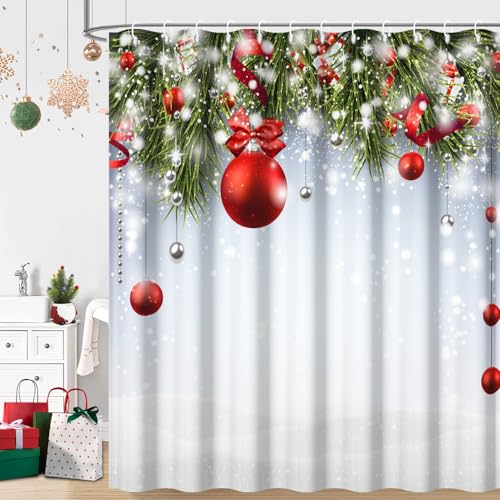 Christmas Shower Curtain 72x72 Inch Red & Silver Xmas Balls, 6 Pack…