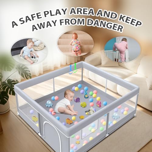 Large Baby Playpen 50x50 Inch Toddler Play Yard with Breathable Mesh Grey