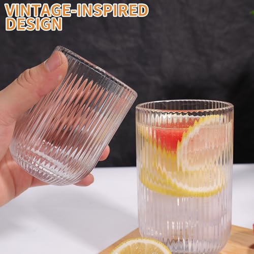 WeirdUncle Clear Ribbed Glassware Set of 8 - 14oz Highball & 9oz Rocks Glasses, Origami Style