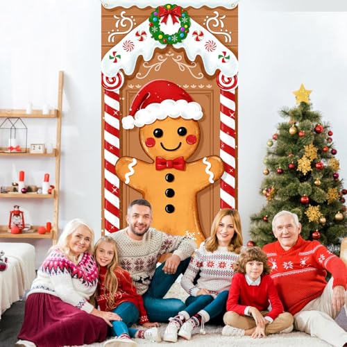 72in Christmas Gingerbread Door Cover, Fabric Banner Decor for Indoor/Outdoor Festive Front Door