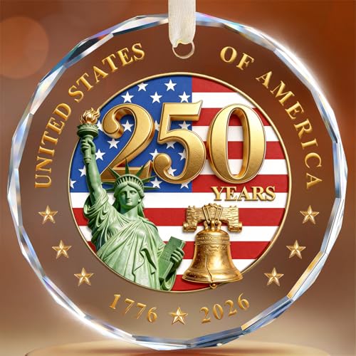 USA 250th Anniversary Crystal Glass Ornament, Patriotic Keepsake with Gift Box