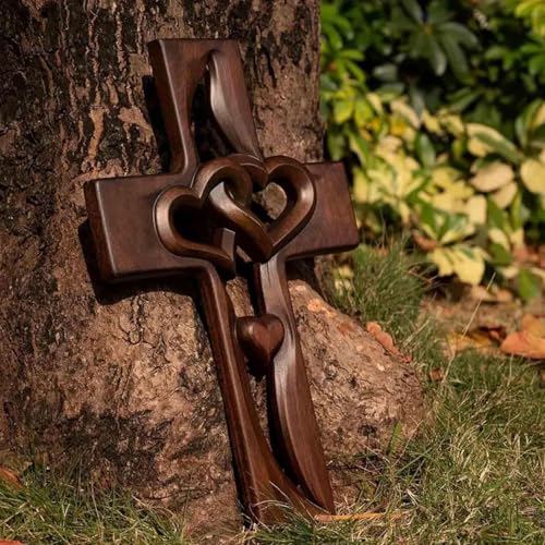 Hand-Carved Wooden Wall Cross with Intertwined Hearts, 9.84-Inch