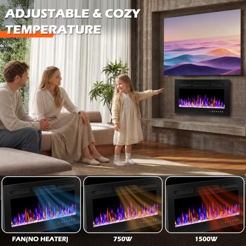 30-Inch Electric Fireplace Wall Mounted and Recessed Heater with Remote